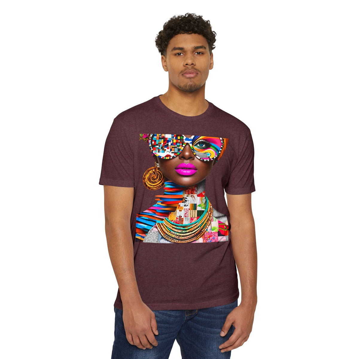 PURETE unisex maroon CVC jersey t-shirt featuring a vibrant abstract graphic print of a woman on a model
