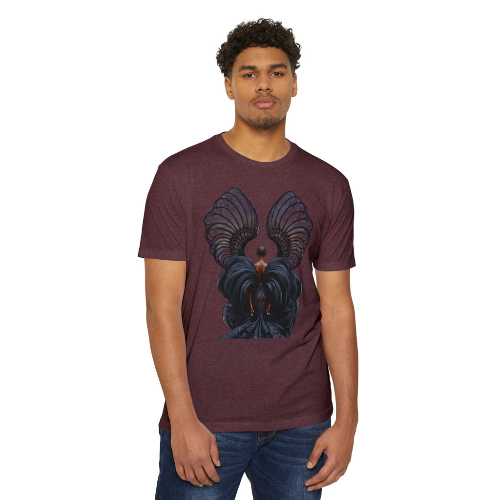 PURETE unisex maroon CVC jersey t-shirt with a graphic print of dark angel wings on a male model