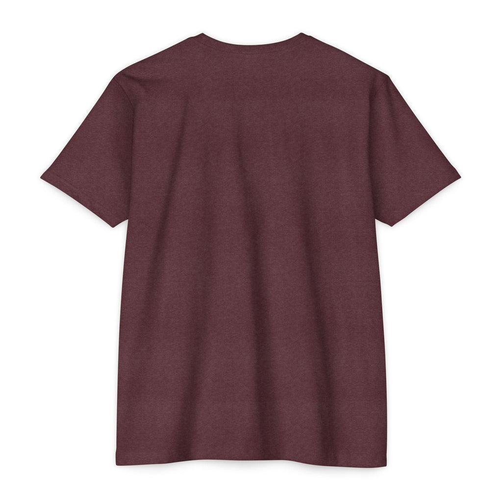 PURETE unisex maroon CVC jersey t-shirt, back view, made from a lightweight cotton-poly blend with a classic fit.