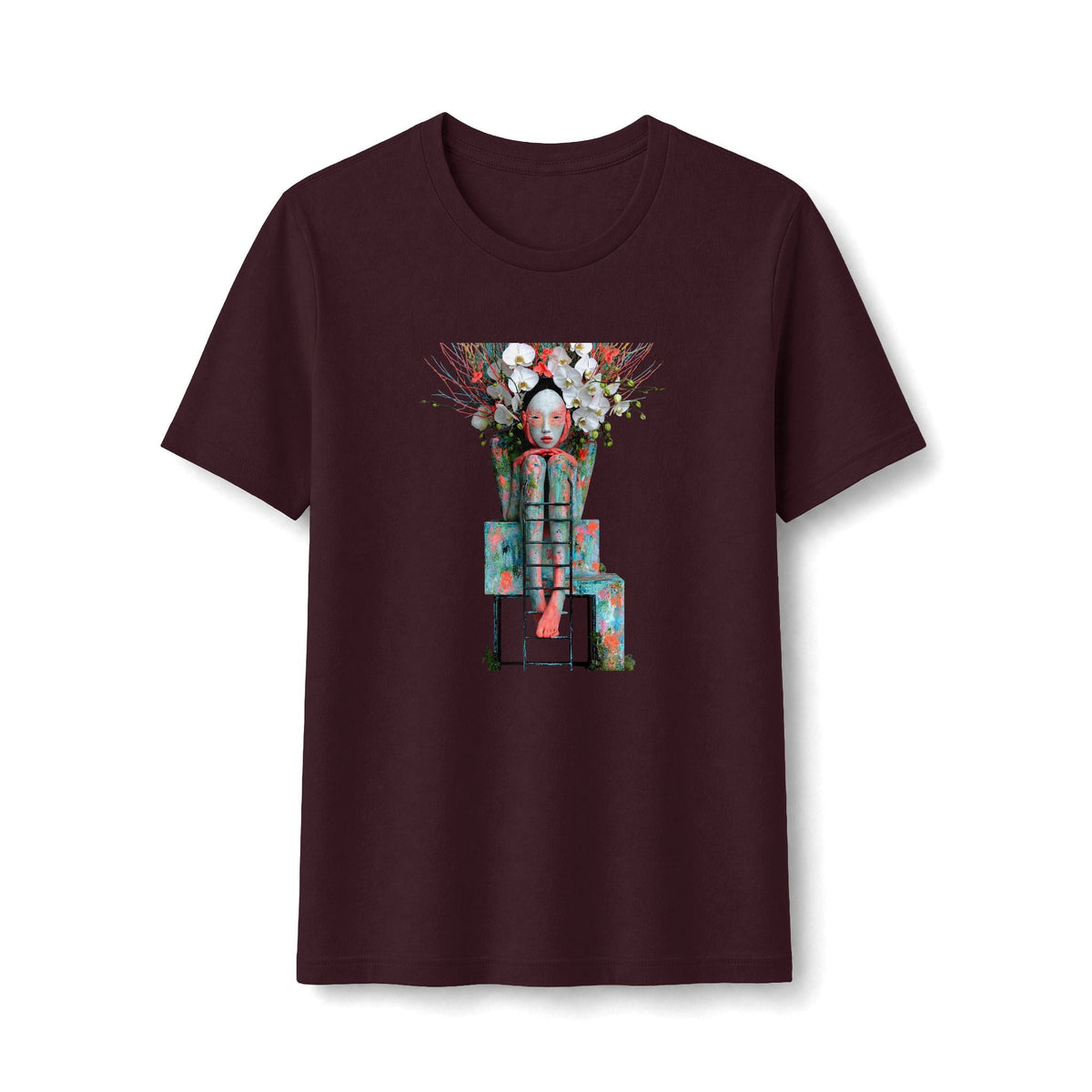 PURETE fitted maroon t-shirt featuring a detailed graphic of a robot adorned with white flowers and floral patterns.