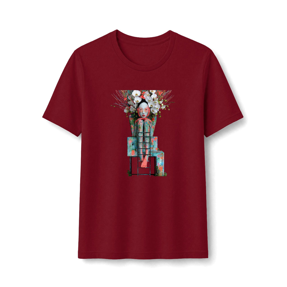 PURETE maroon fitted women's graphic t-shirt featuring a detailed floral robot art print on the front.