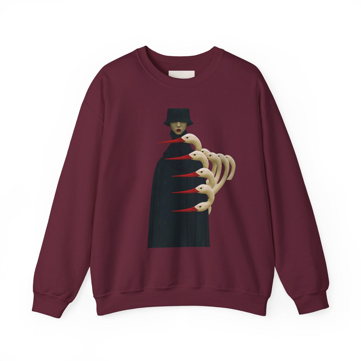 PURETE crewneck sweatshirt in maroon featuring a gothic illustration of a cloaked figure with surreal bird-like hands.