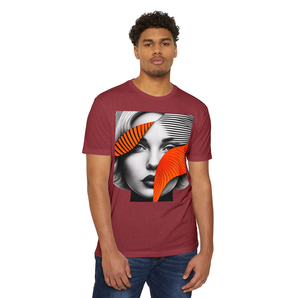 A man wearing a PURETE maroon CVC jersey t-shirt with a graphic print of a woman's face and orange abstract shapes.