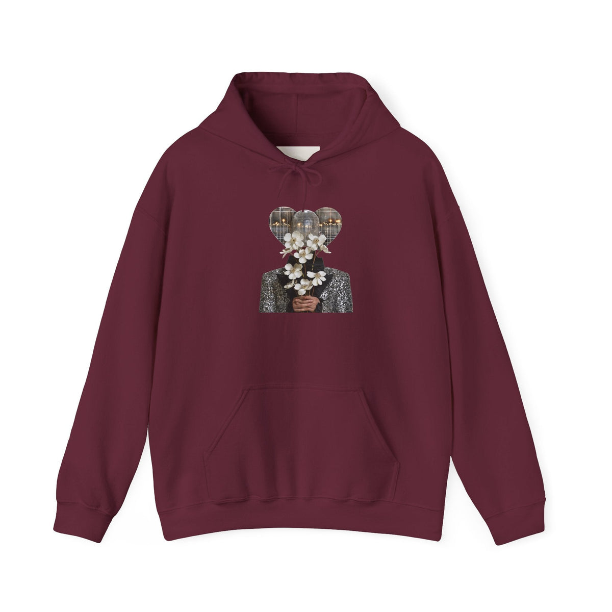 PURETE maroon hoodie with a surreal graphic print of a person holding white flowers, featuring a kangaroo pocket.
