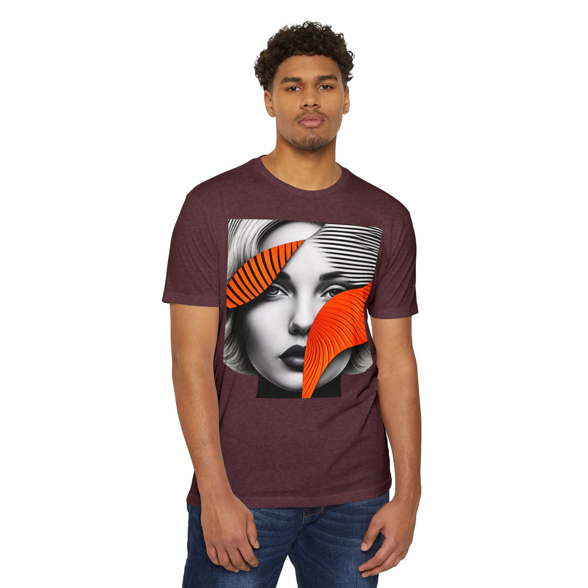PURETE unisex maroon CVC jersey t-shirt featuring a graphic print of a woman's face with orange abstract accents.