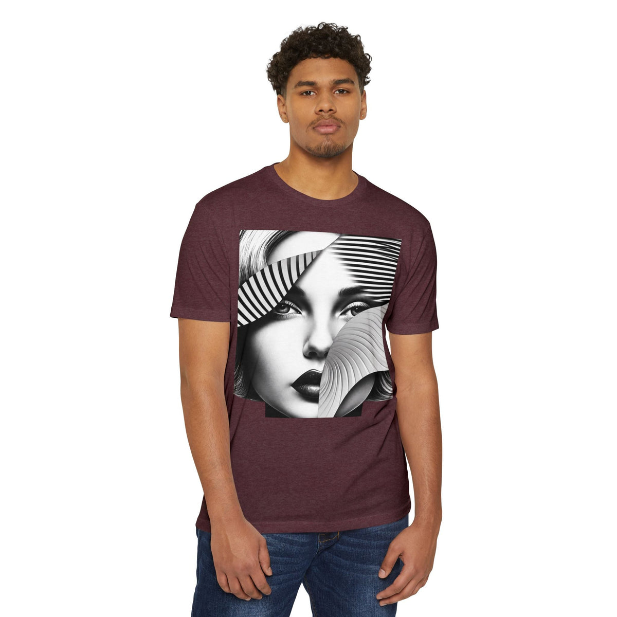 PURETE unisex maroon CVC jersey t-shirt with a black and white abstract face graphic print worn by a male model