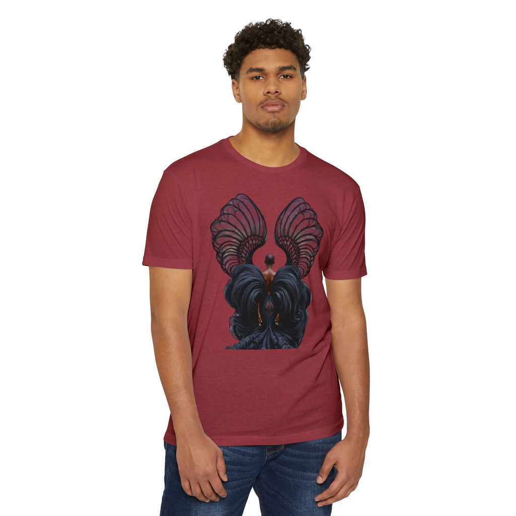 PURETE unisex maroon CVC jersey t-shirt with a graphic print of dark angel wings on a male model