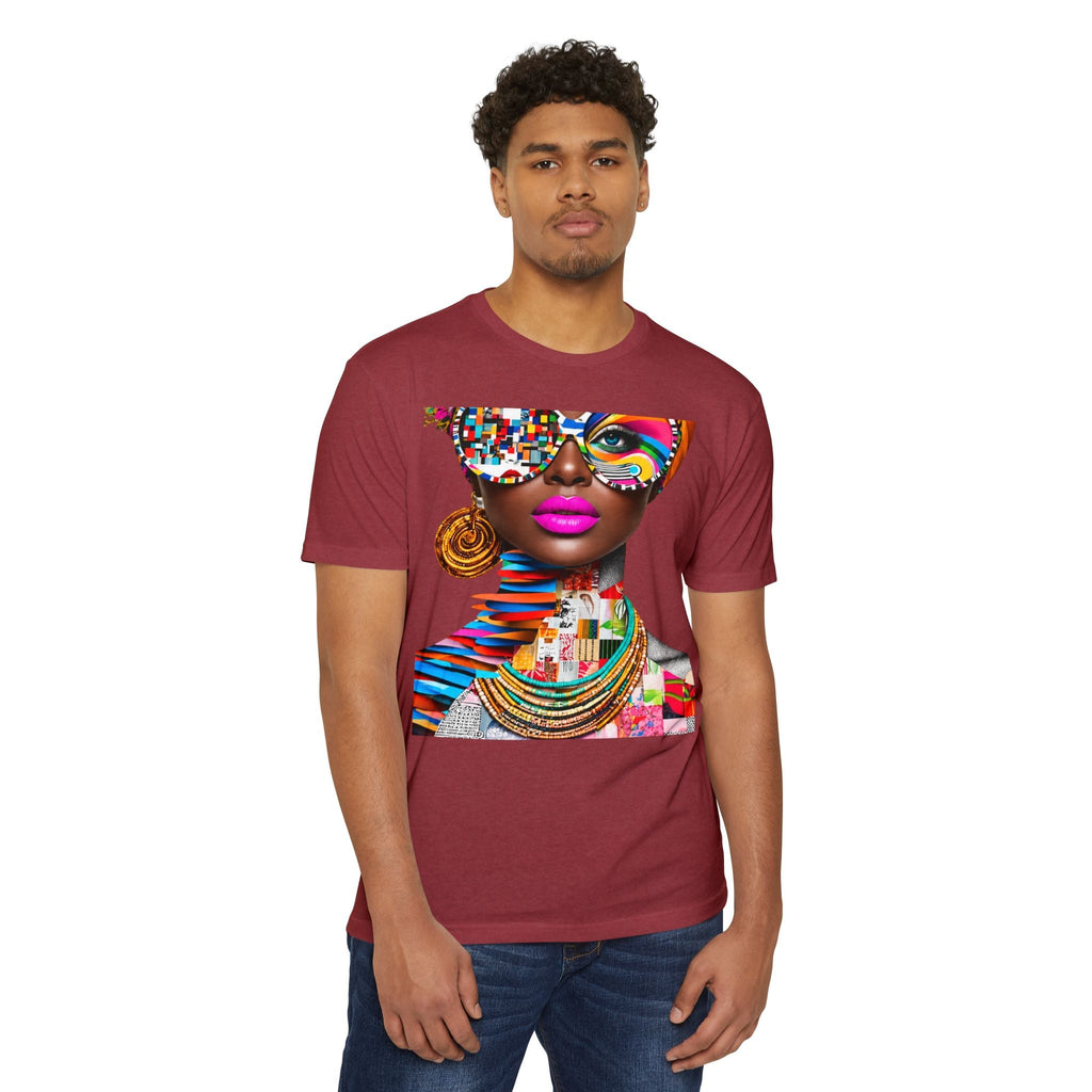 PURETE unisex maroon CVC jersey t-shirt featuring a vibrant graphic print of a woman with colorful abstract glasses.