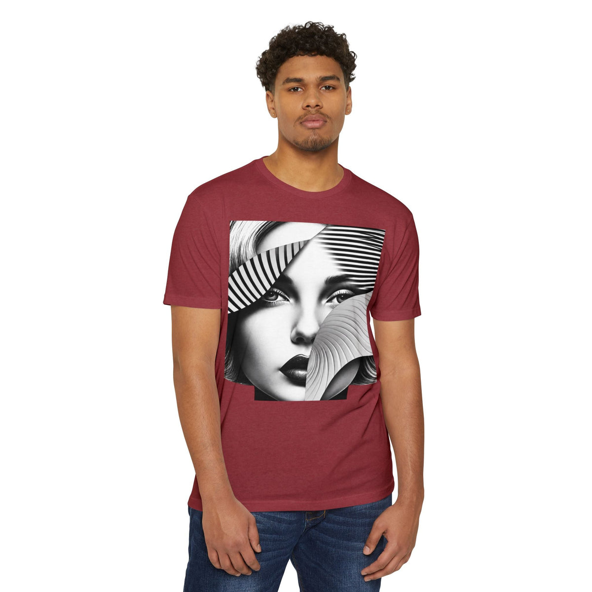 A man wearing a PURETE maroon CVC jersey t-shirt with a black and white graphic print of a woman's face.