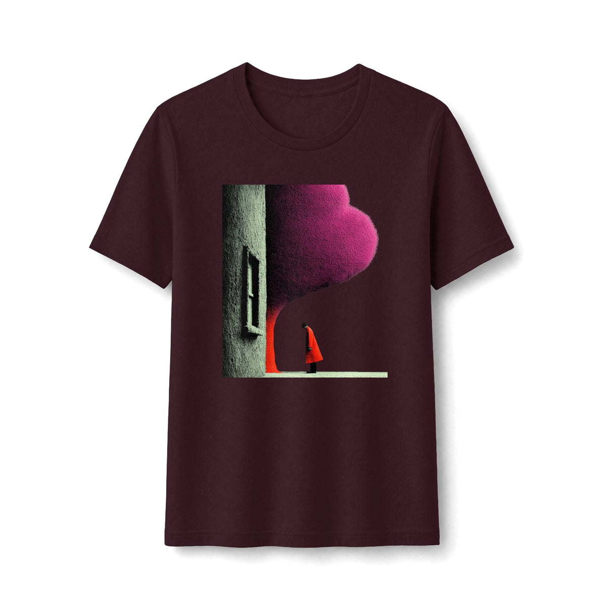 PURETE minimalist graphic tee in dark maroon with a lone figure in a red cloak under a magenta sky print.