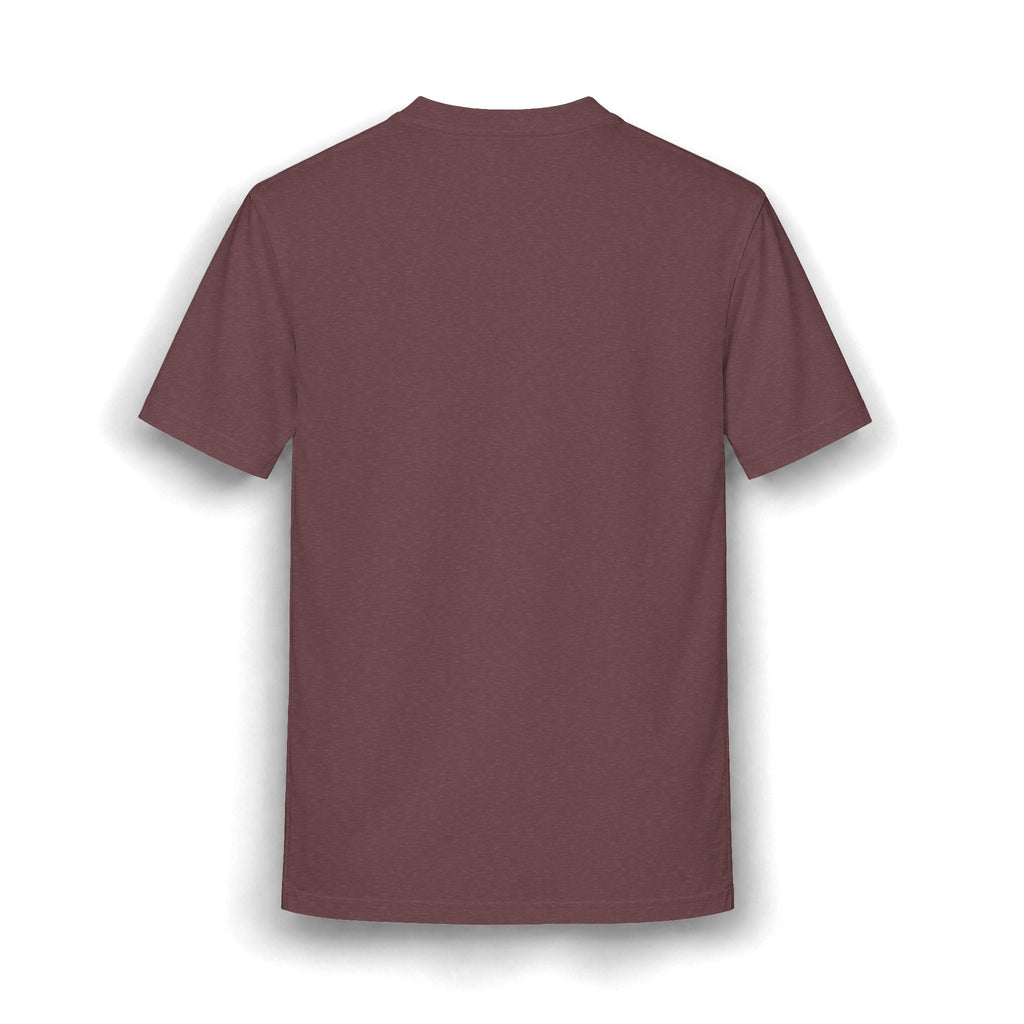 Back view of a PURETE maroon heathered cotton blend t-shirt with a classic rib collar and relaxed fit.