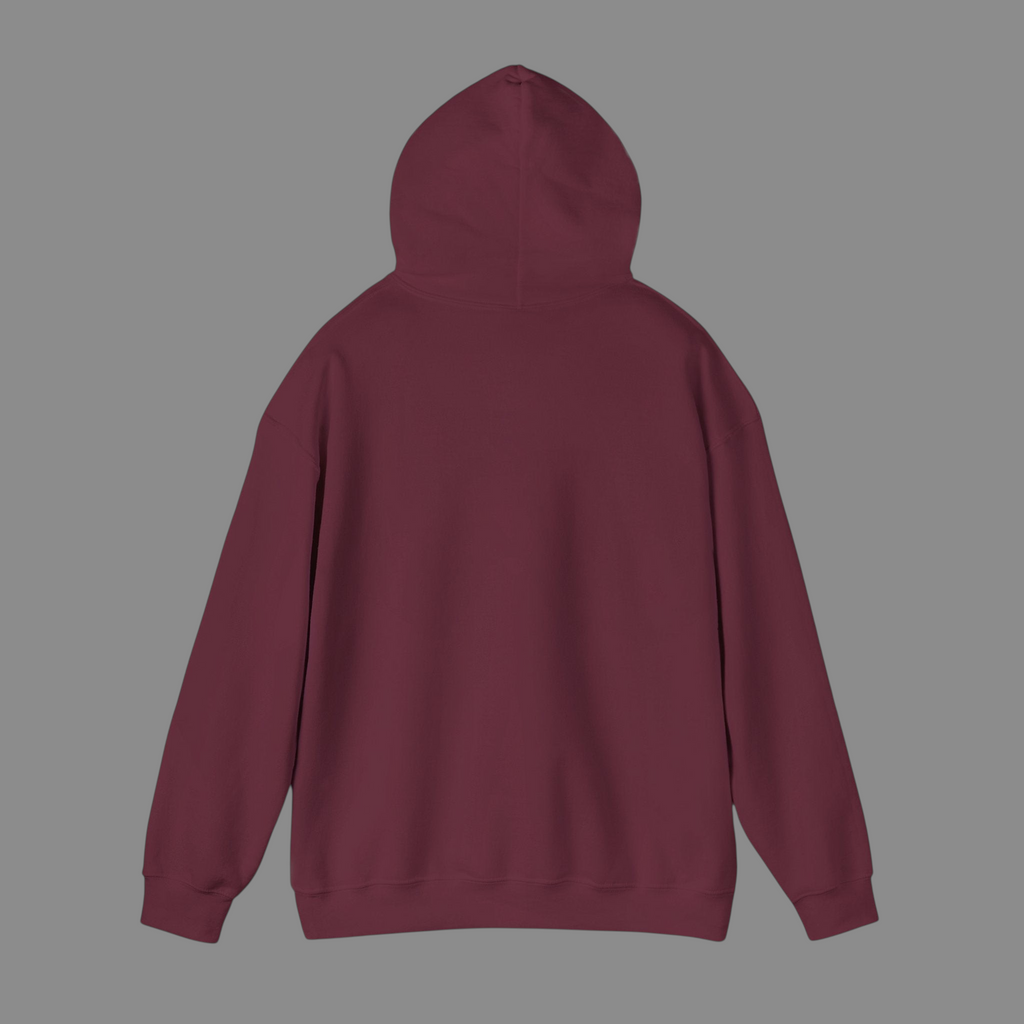 PURETE unisex heavy blend hooded sweatshirt in maroon, back view showing double-lined hood and ribbed hem.