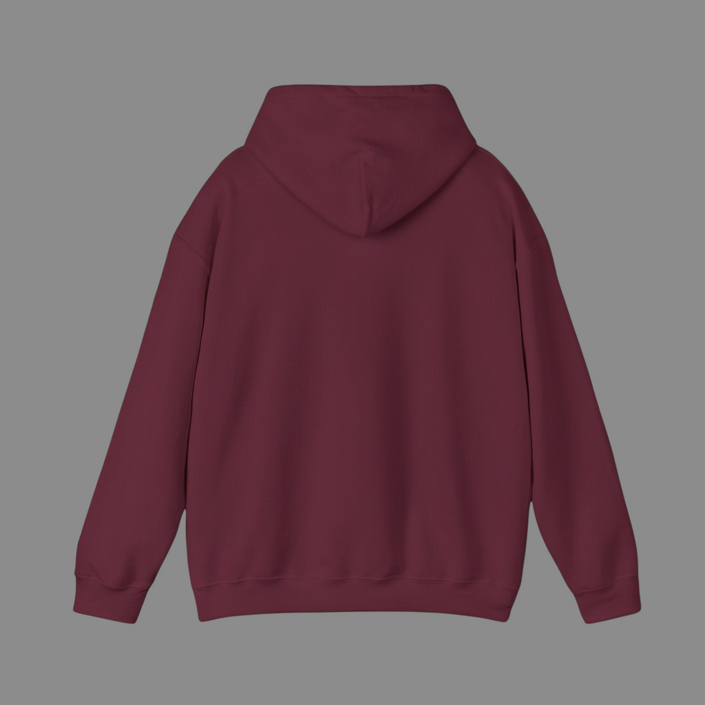 Back view of a PURETE unisex maroon heavy blend hooded sweatshirt with a double-lined hood and ribbed hem.