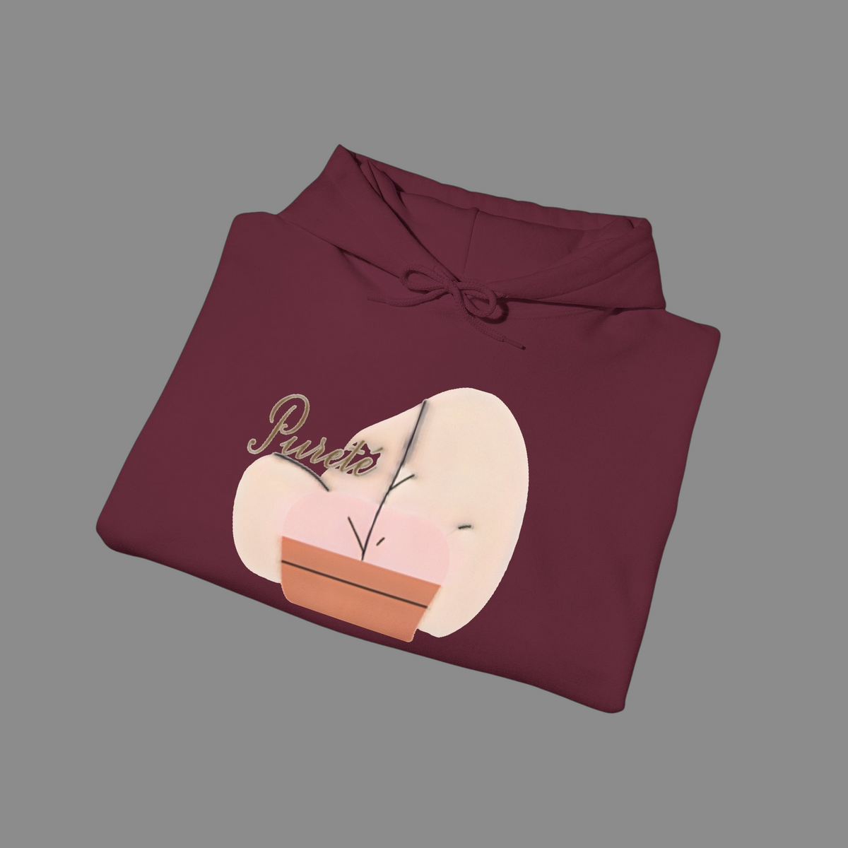 PURETE maroon unisex heavy blend hooded sweatshirt with a potted plant graphic and cursive logo on the chest