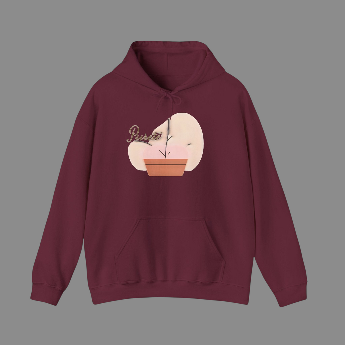PURETE unisex maroon heavy blend hooded sweatshirt with a front pouch pocket and a central graphic print
