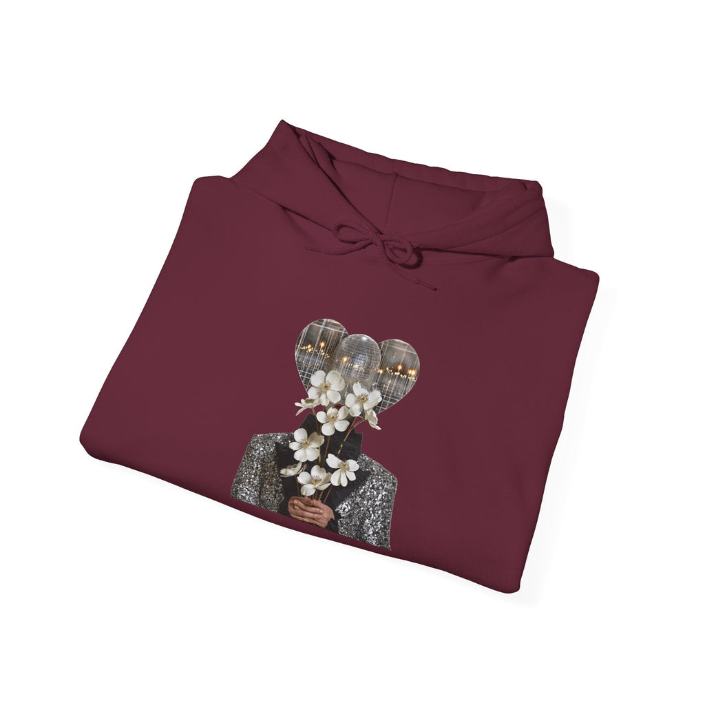 PURETE maroon hoodie featuring a graphic of a person holding white flowers with disco ball heads
