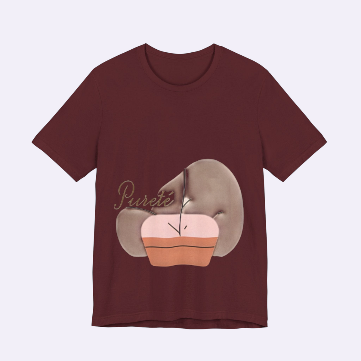PURETE unisex maroon jersey short sleeve crew neck t-shirt with a stylized abstract graphic print on the front