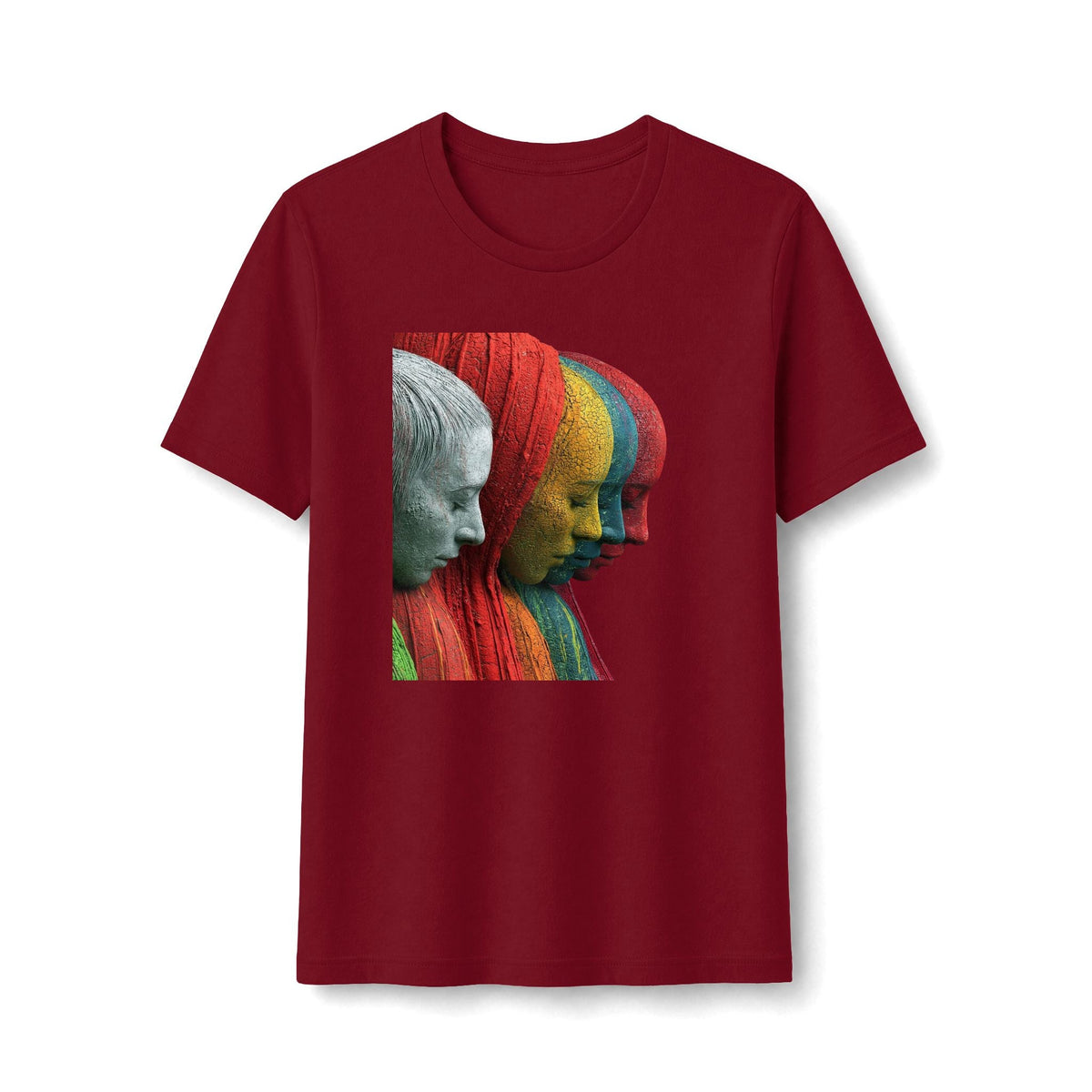 PURETE fitted red t-shirt featuring a vibrant graphic of four layered sculptural faces in profile.