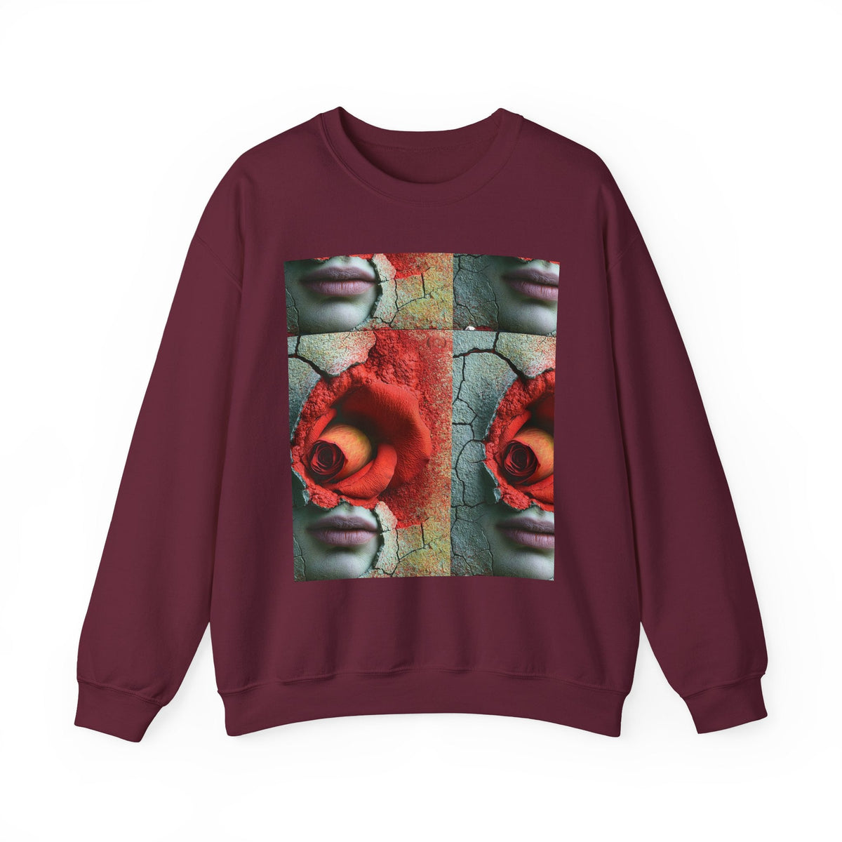 PURETE Artistic Rose Face crewneck sweatshirt in maroon featuring a surreal graphic print of a rose and face.