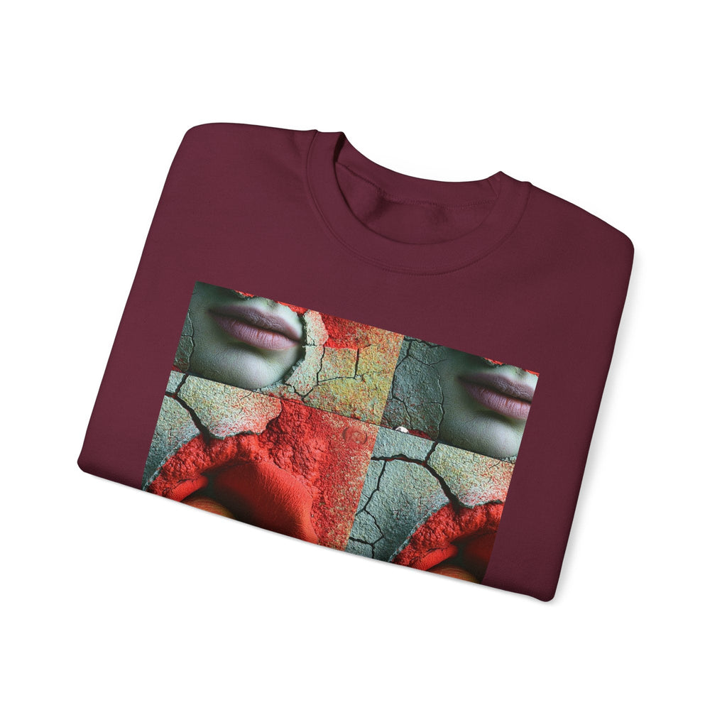 PURETE maroon crewneck sweatshirt featuring a surreal grid print of a rose, cracked earth, and a face.