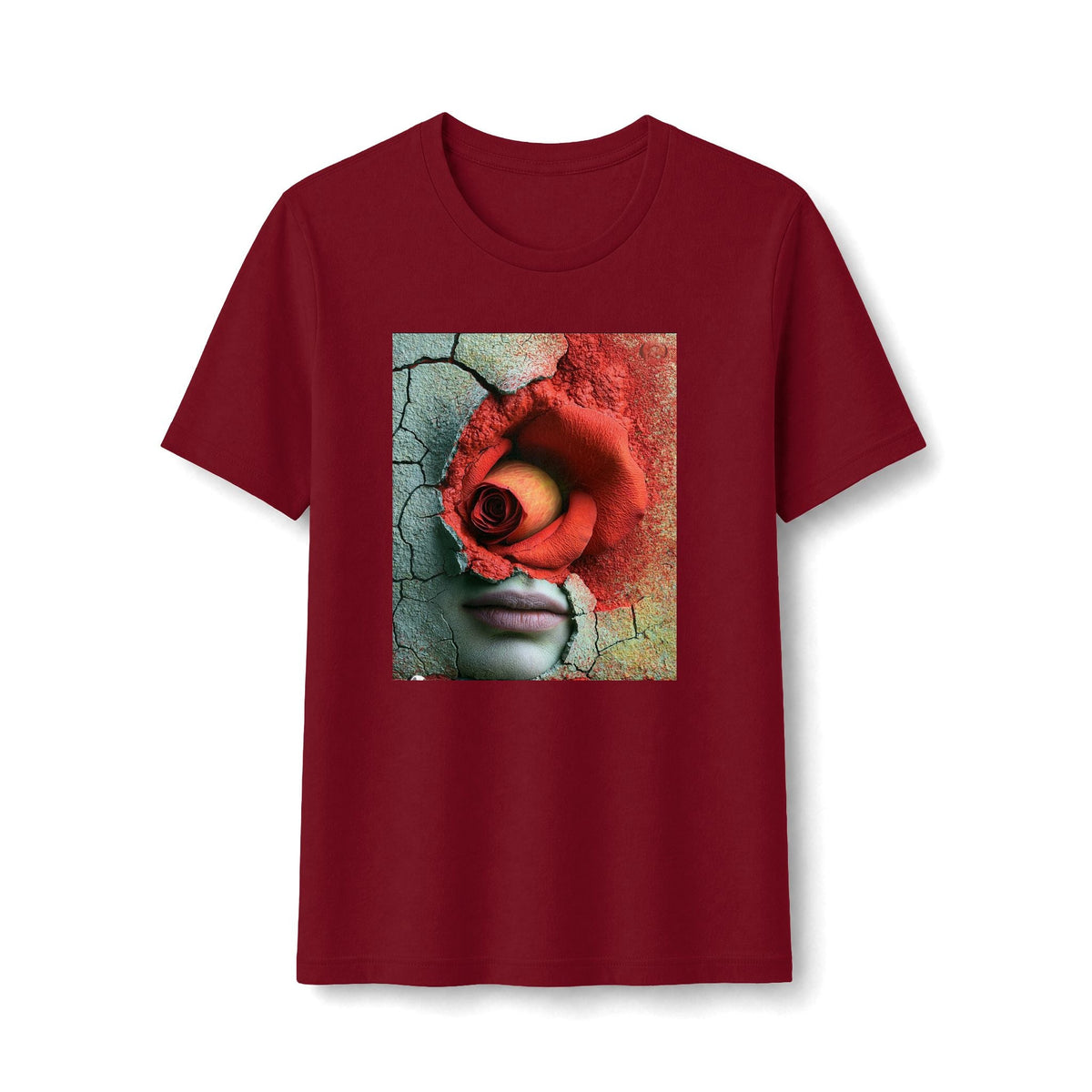 PURETE women's maroon graphic t-shirt featuring a surreal artistic print of a red rose and face on cracked stone