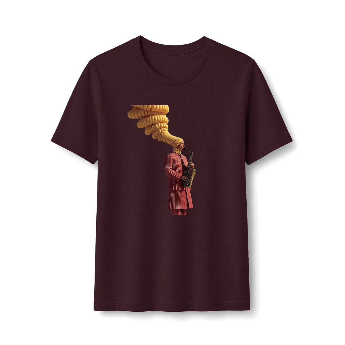 PURETE women's maroon slim-fit tee featuring a vintage graphic of a saxophonist with golden musical notes.