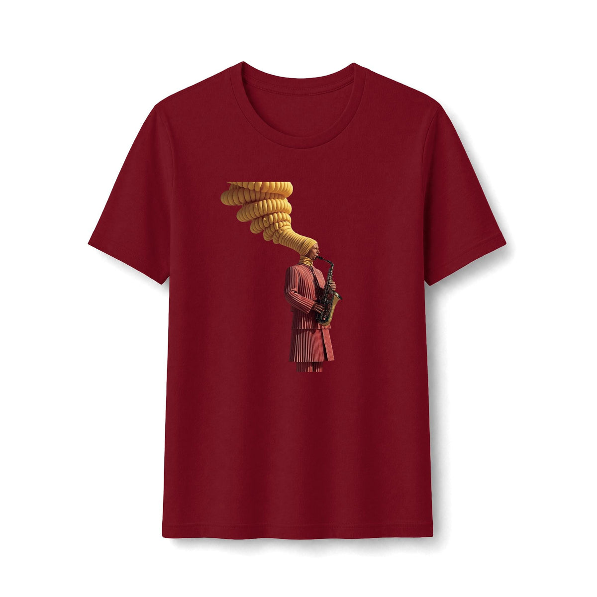 PURETE women's maroon slim-fit tee featuring a graphic of a saxophonist with a golden musical plume