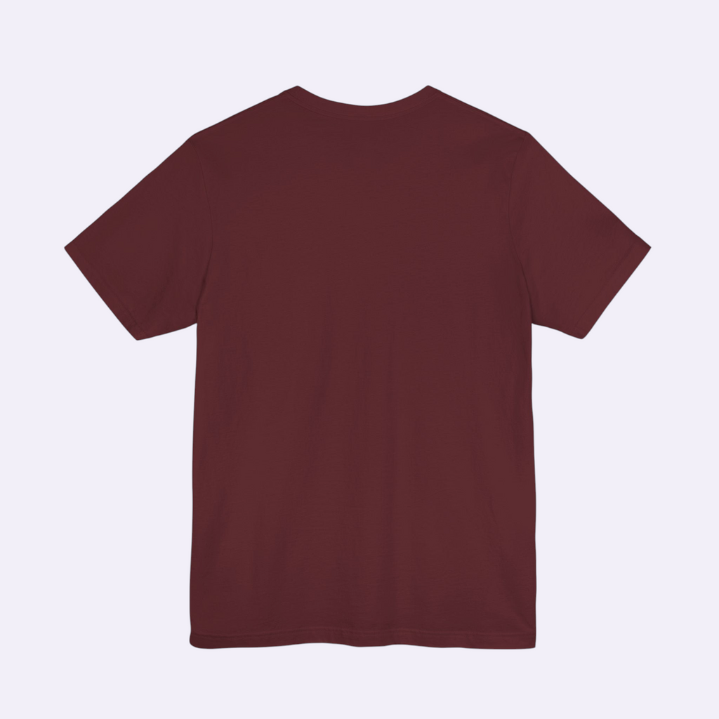 Back view of a PURETE unisex jersey short sleeve t-shirt in a solid dark maroon colour with a classic crew neck.