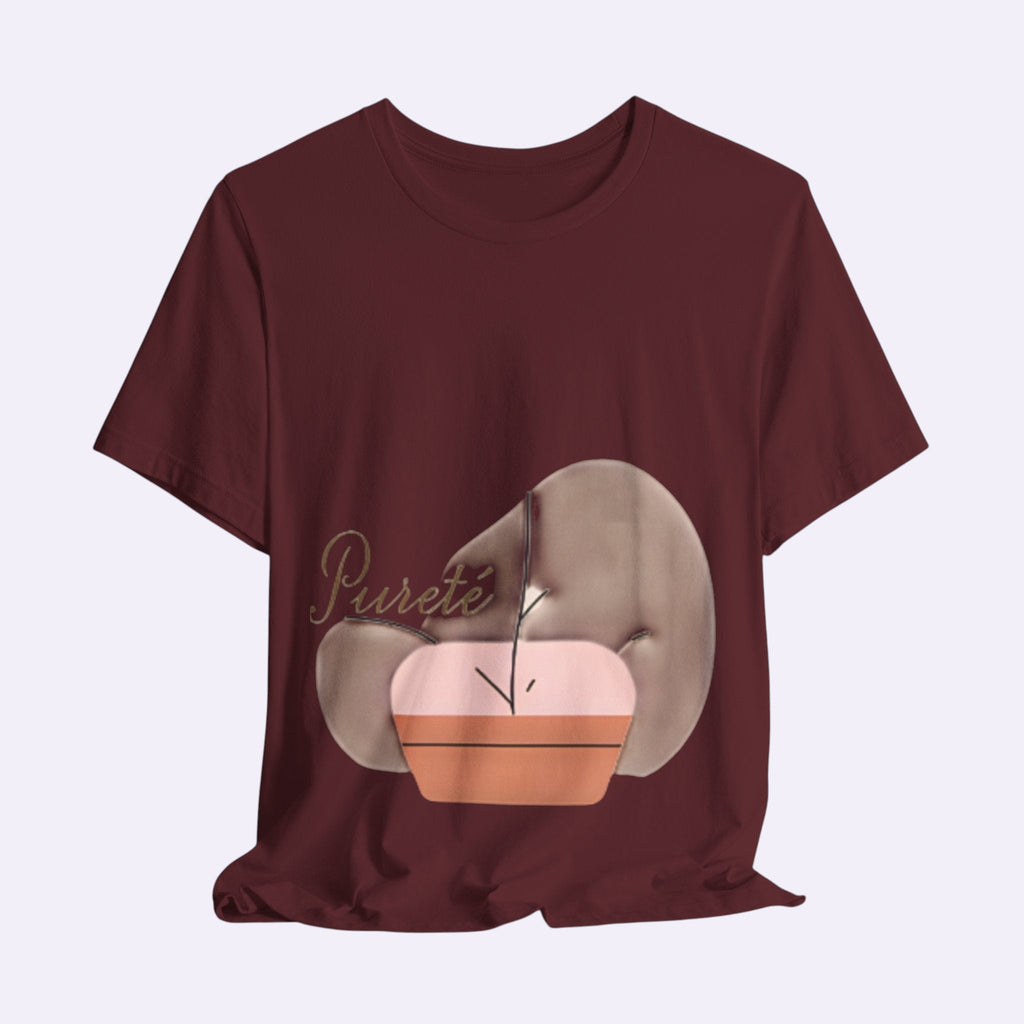 PURETE unisex short sleeve jersey t-shirt in deep maroon with a minimalist plant graphic print on the front.