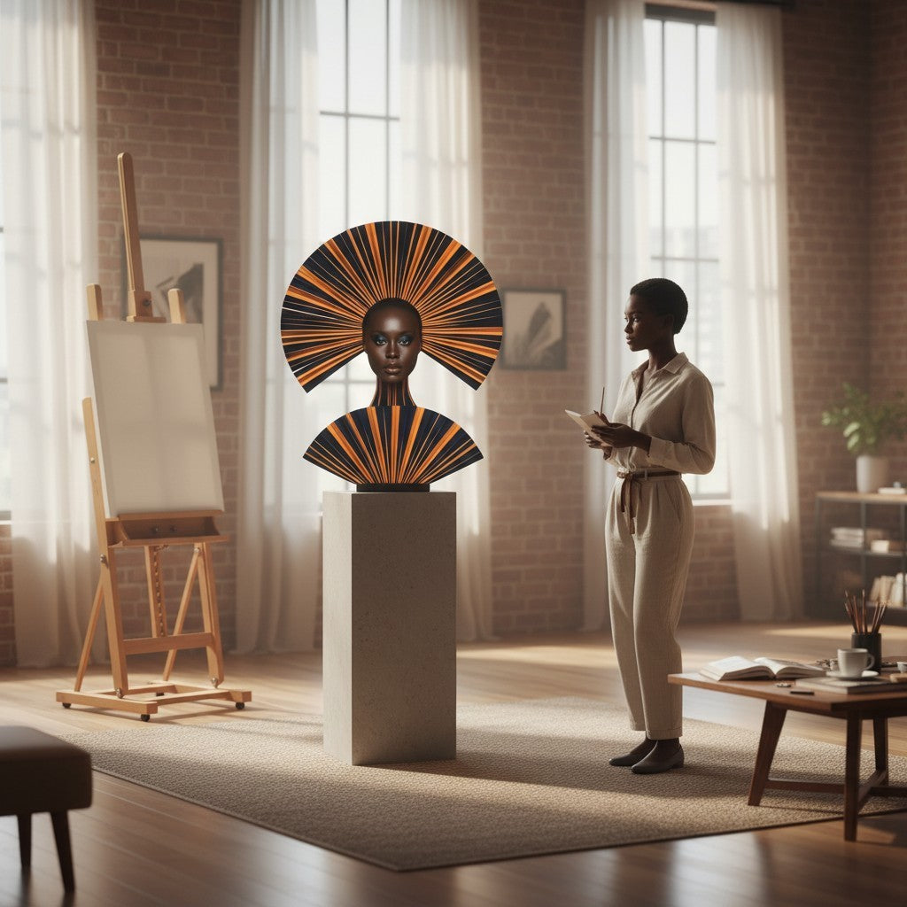 PURETE matte canvas print featuring a striking fan-shaped abstract portrait displayed in a sunlit artist studio.
