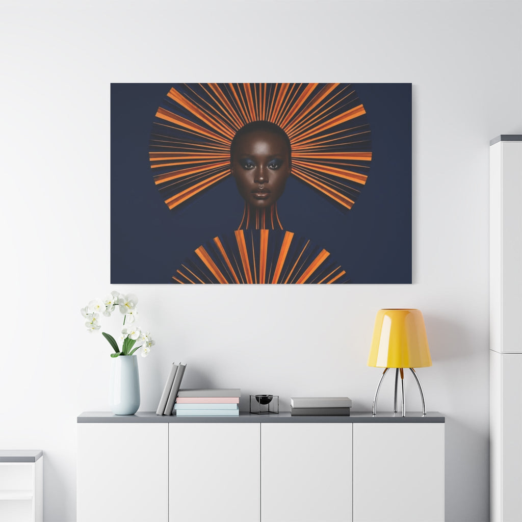 PURETE matte canvas print featuring abstract portrait art with orange sunburst rays on a dark blue background