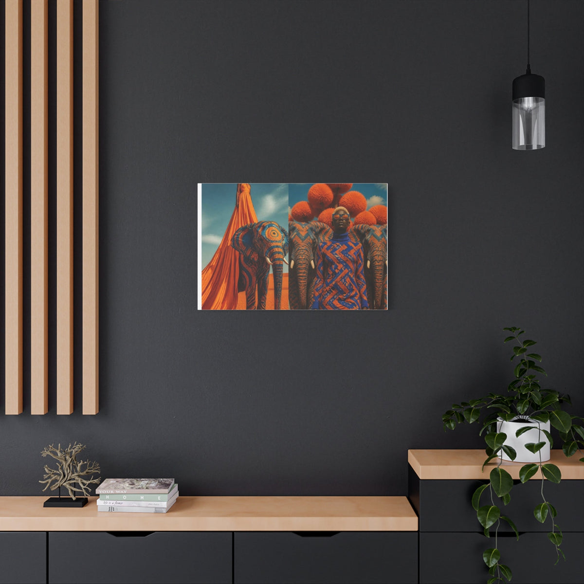 PURETE matte canvas featuring vibrant African-inspired art with elephants and a person on a dark grey wall.