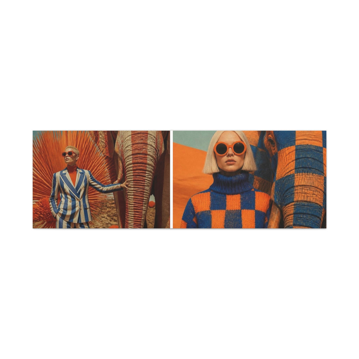 PURETE matte canvas featuring a split-screen artistic portrait of models in vibrant orange and blue fashion photography.