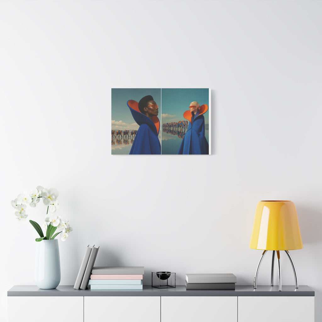 PURETE matte canvas print featuring a surreal fashion art piece hanging on a white wall above a modern console table.