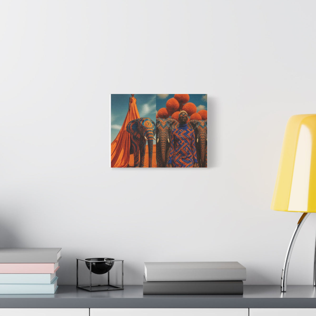 PURETE matte canvas featuring vibrant African-inspired art with elephants and figures on a clean white wall