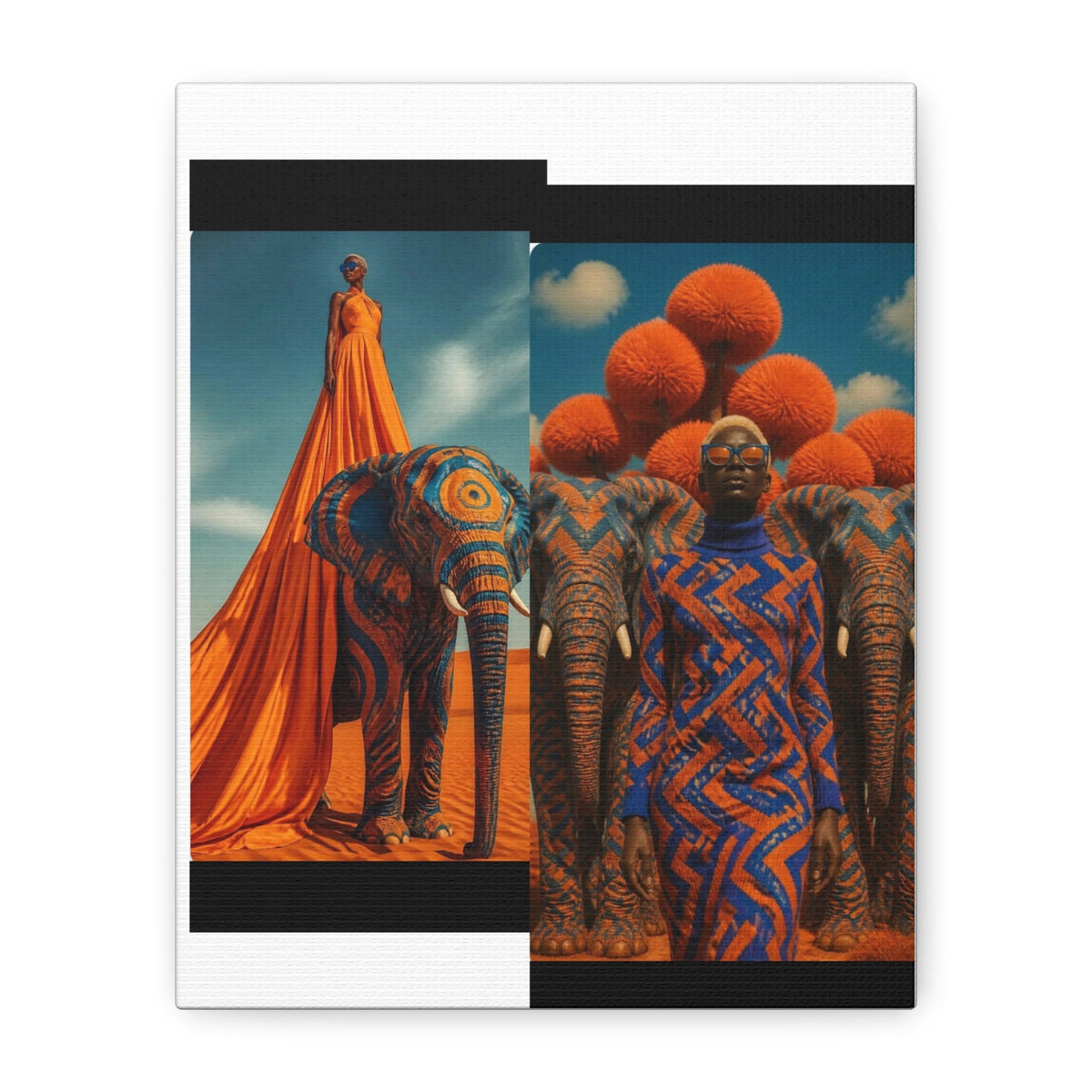 PURETE matte canvas featuring a surreal artistic print of models and elephants in vibrant orange and blue tones.