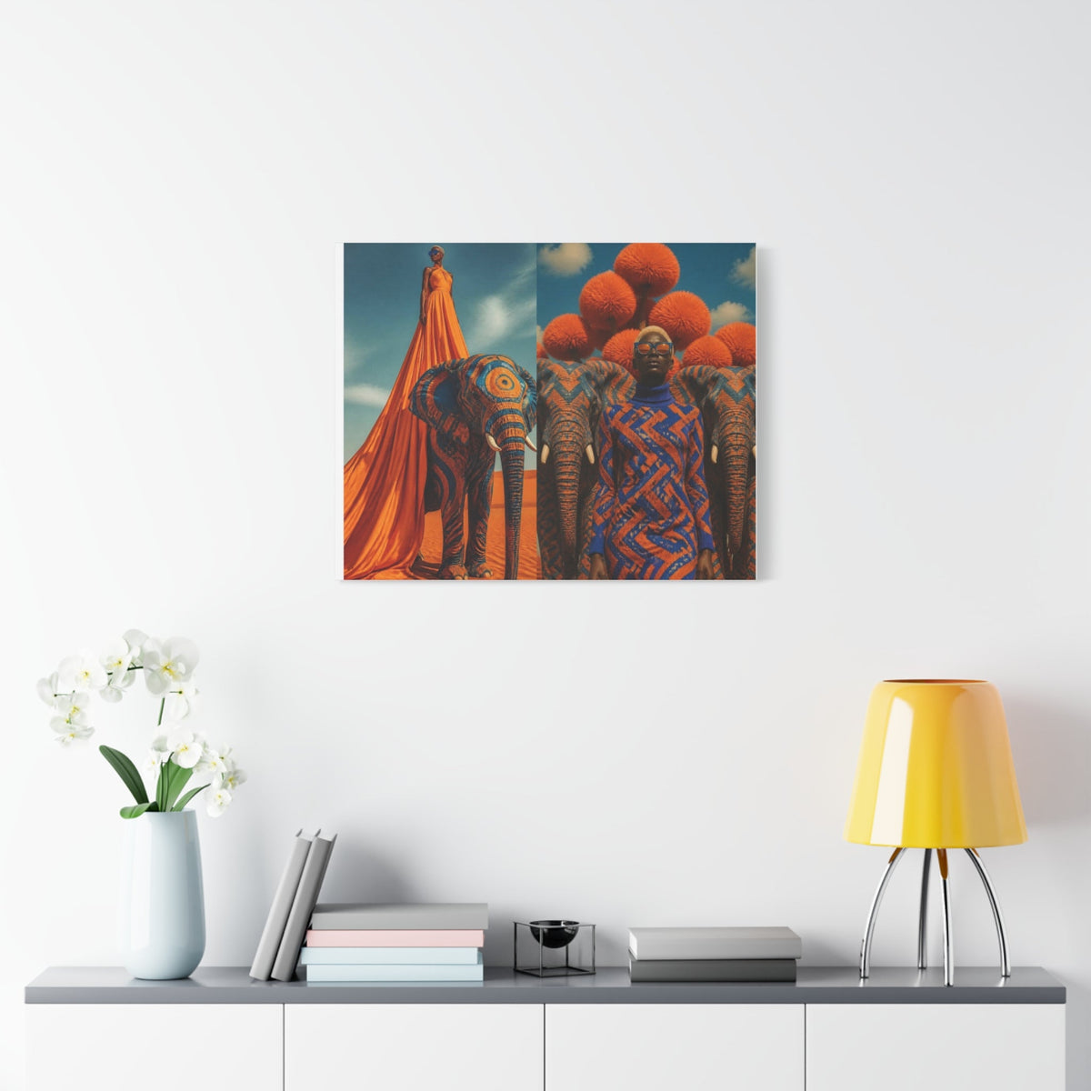 PURETE matte canvas featuring vibrant African-inspired art with elephants and figures, hanging on a white wall.