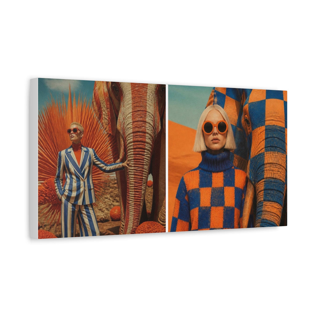 PURETE matte canvas featuring a split-panel surreal art print of models with elephants in vibrant orange and blue tones.