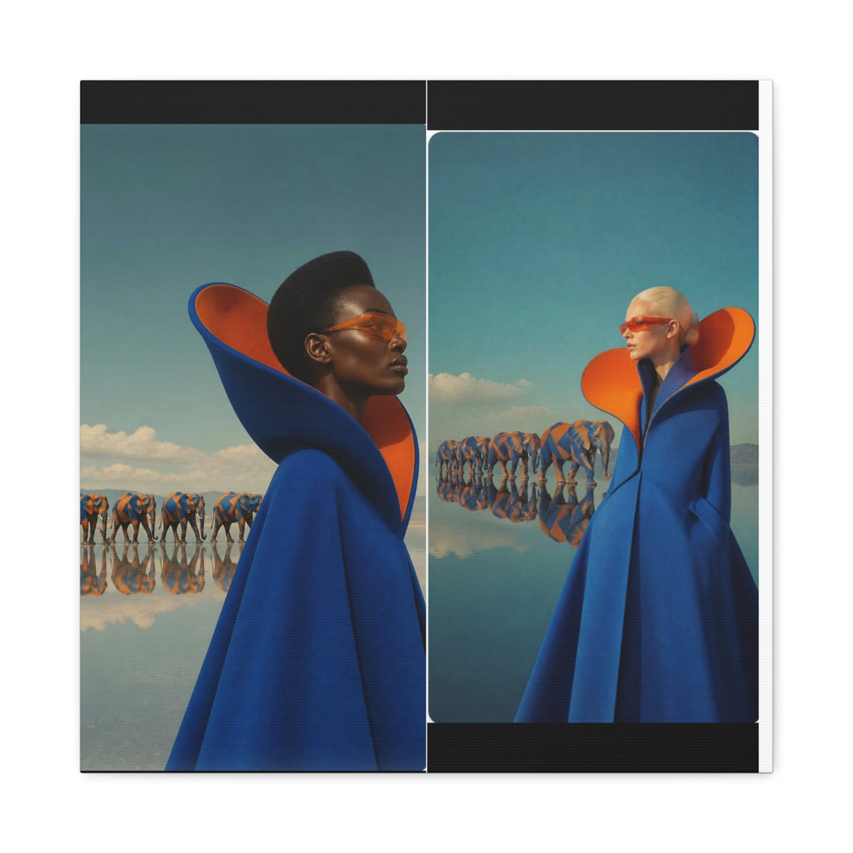PURETE matte canvas featuring a surreal diptych of models in blue capes and orange glasses with elephants in a lake.
