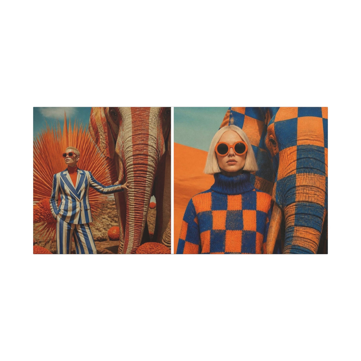 PURETE matte canvas prints featuring surreal artistic photography of a woman with an elephant in a desert landscape.