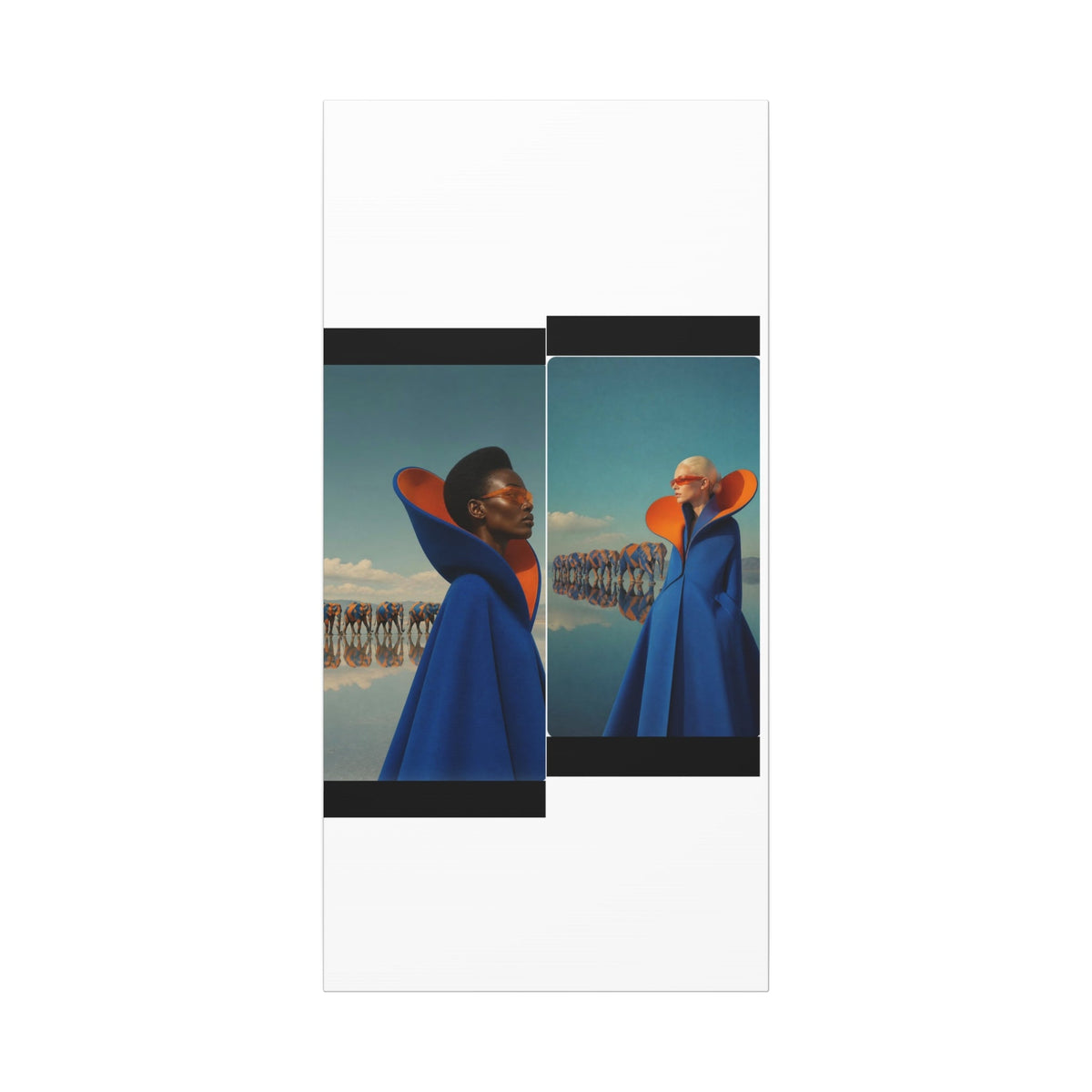 PURETE matte canvas featuring a dual portrait of models in blue capes with orange collars against a surreal landscape.