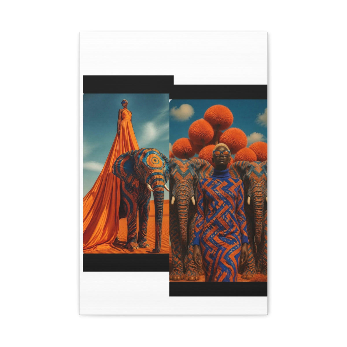 PURETE matte canvas print featuring surreal artistic photography of a model with elephants in orange and blue tones.