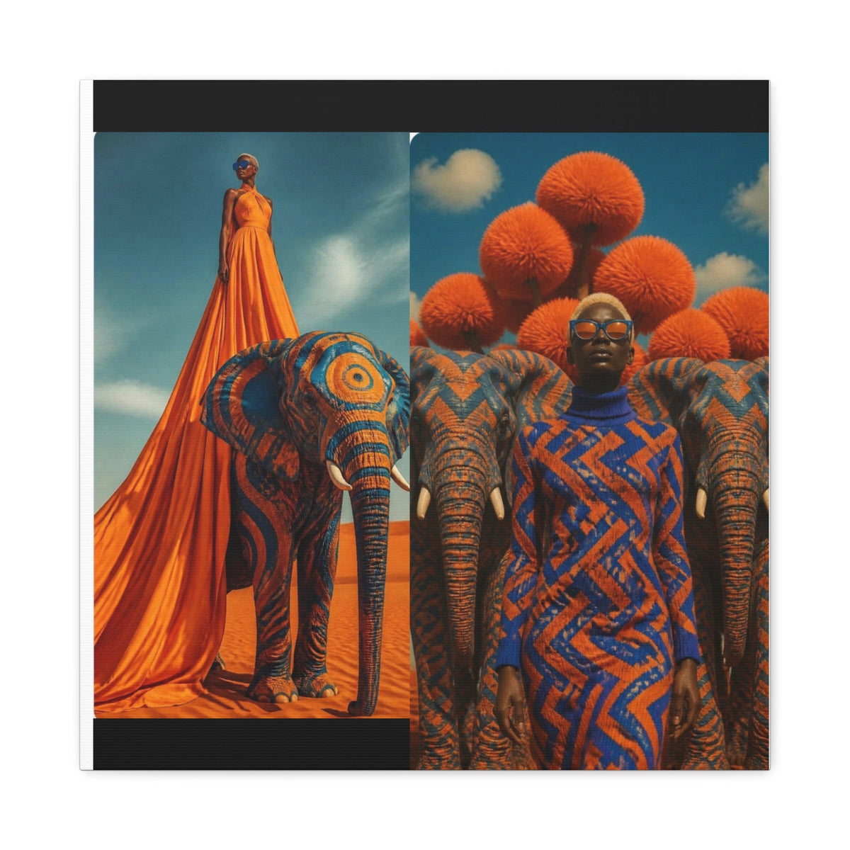 PURETE matte canvas featuring a split-screen artistic print of a woman in orange and blue patterns with elephants.