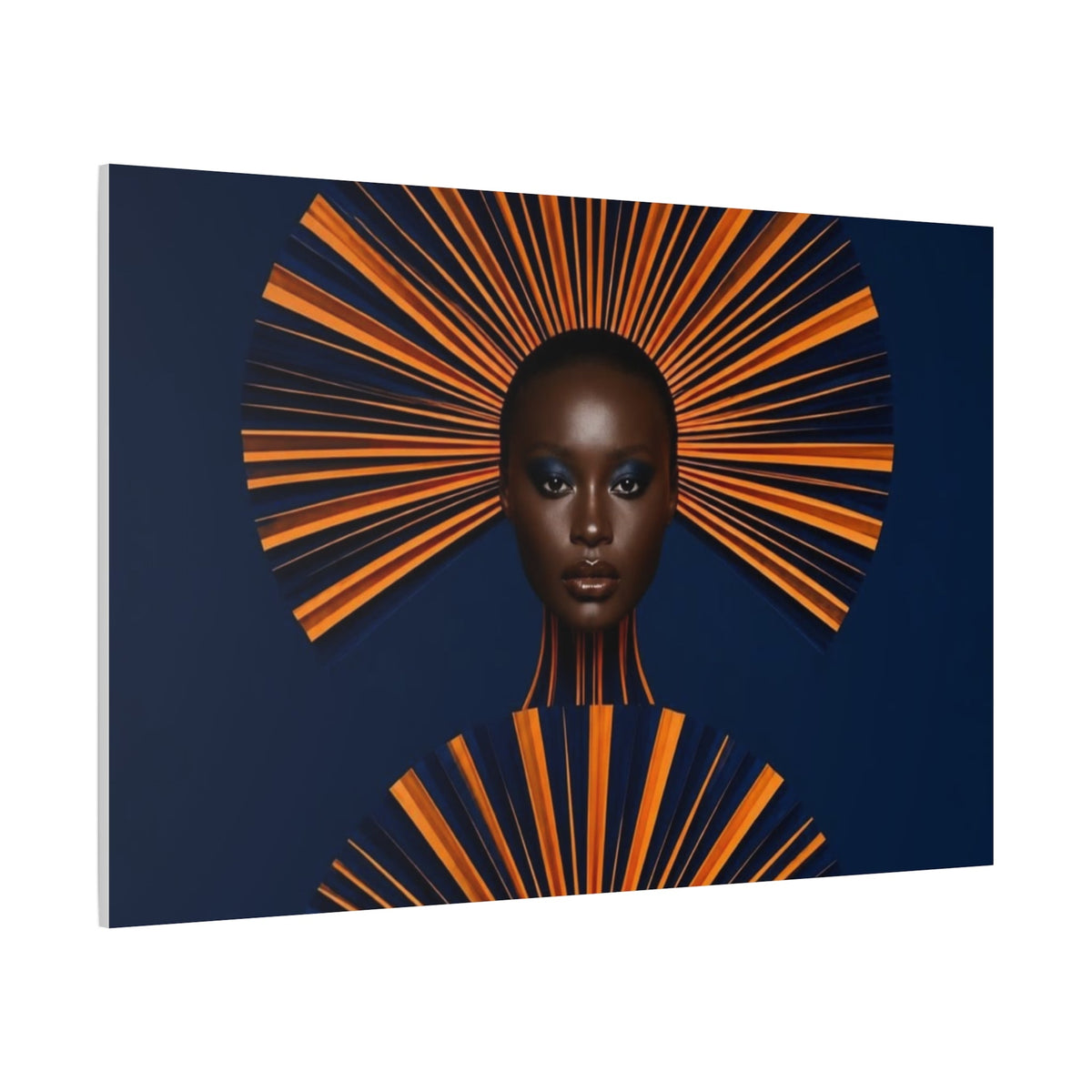 PURETE matte stretched canvas featuring a portrait of a woman with an orange and navy blue fan-style headpiece.