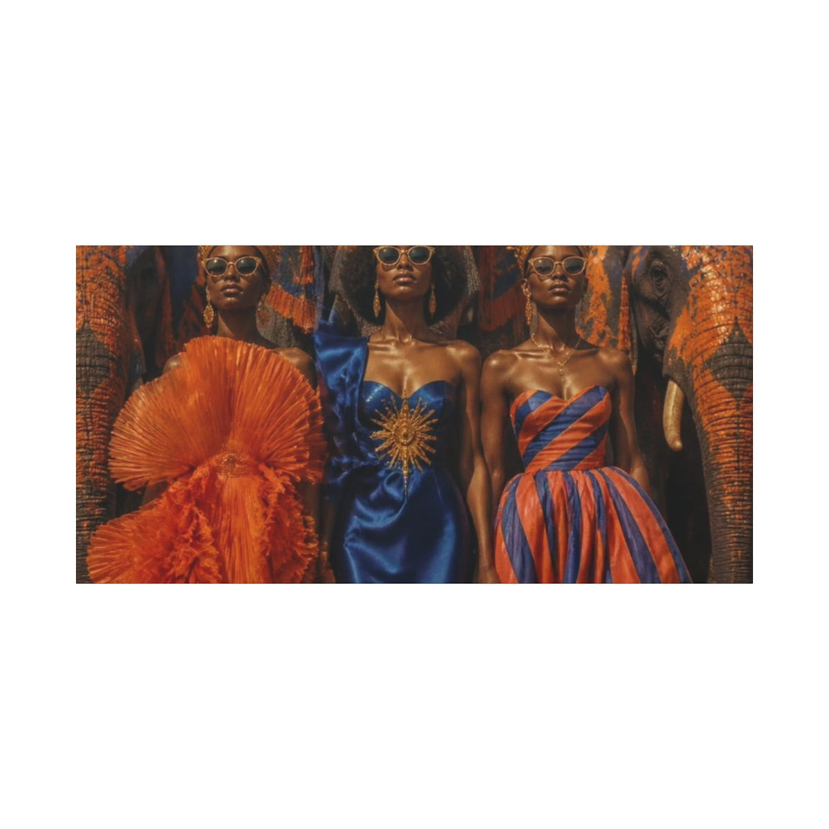 PURETE matte canvas print featuring three women in vibrant couture dresses standing before ornate elephant statues.