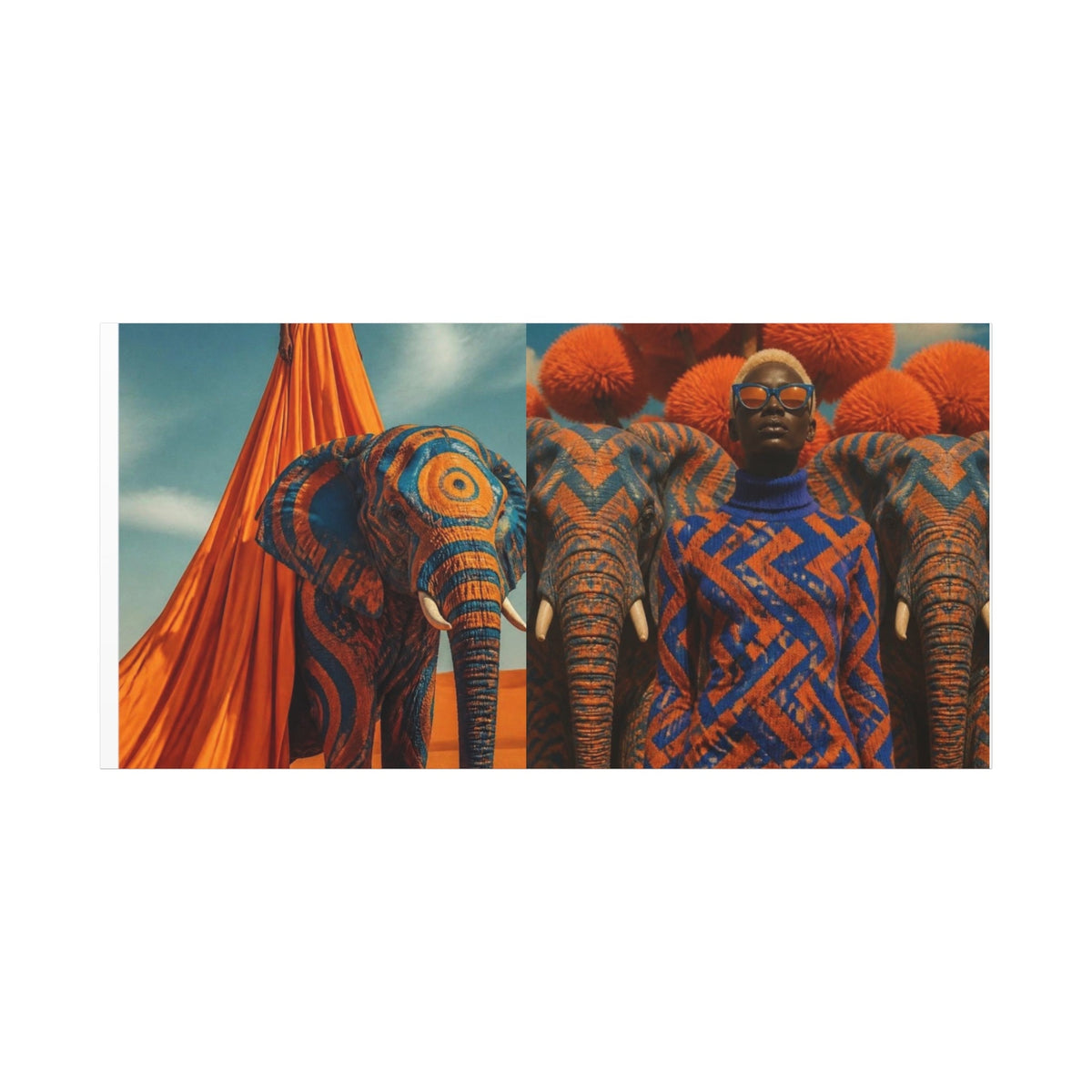 PURETE matte canvas print featuring a surreal artistic composition of elephants and a model in orange and blue patterns