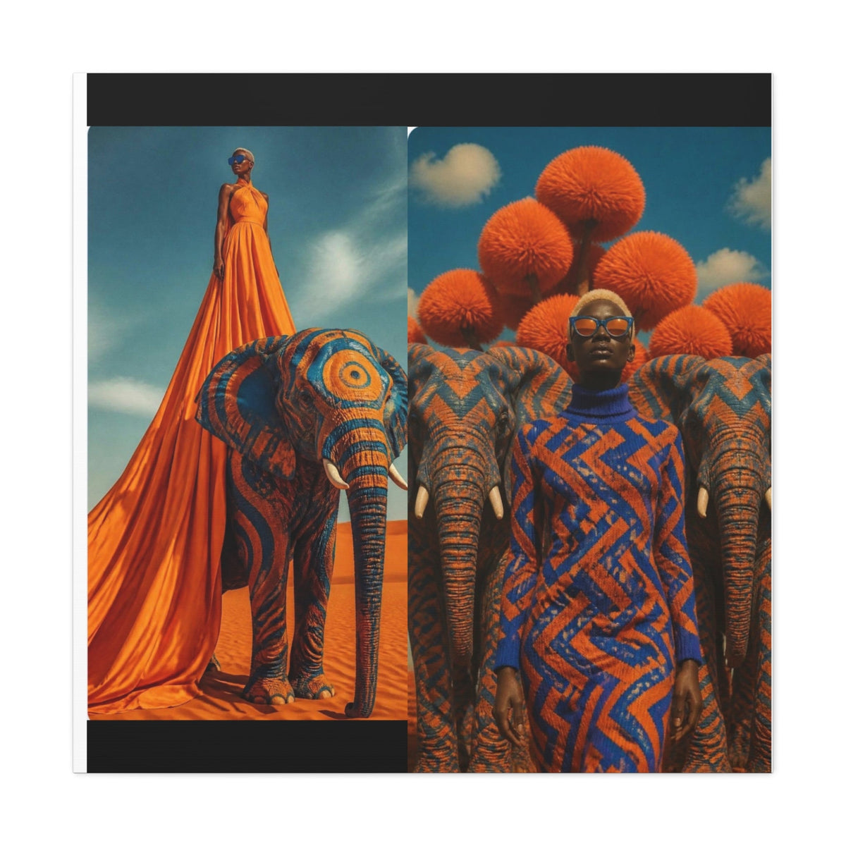 PURETE matte canvas featuring a split-screen artistic print of a woman in orange and blue with patterned elephants.