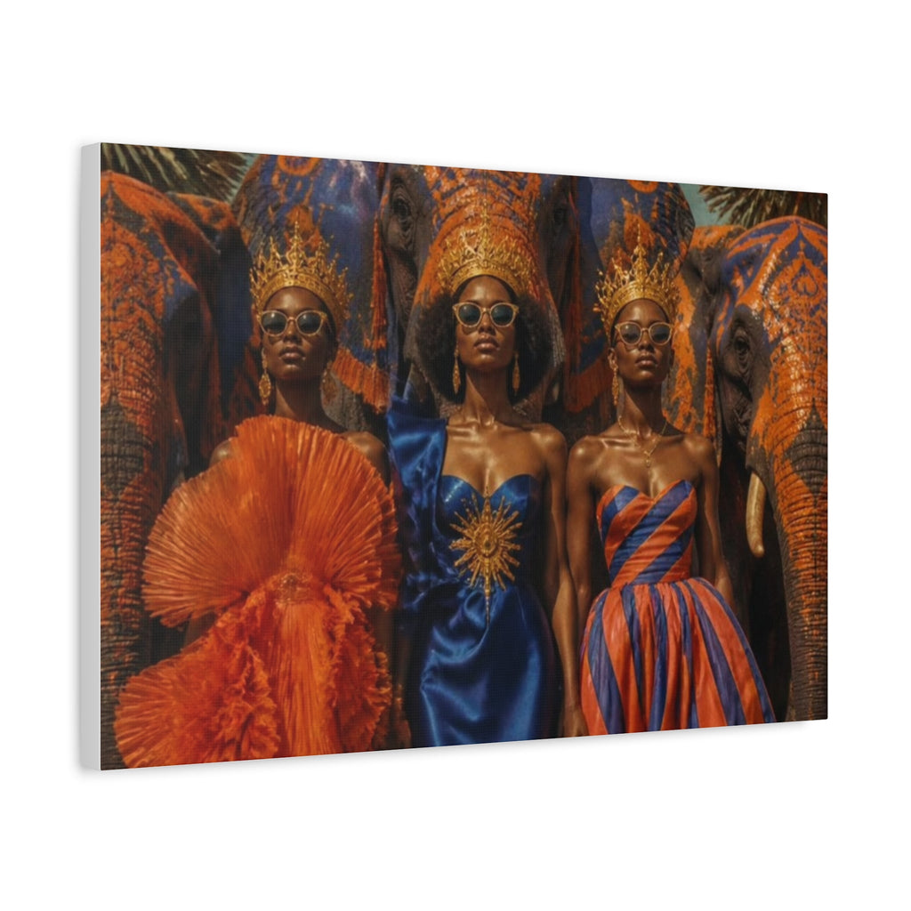 PURETE matte canvas print featuring three women in crowns and gowns standing before decorated elephants.
