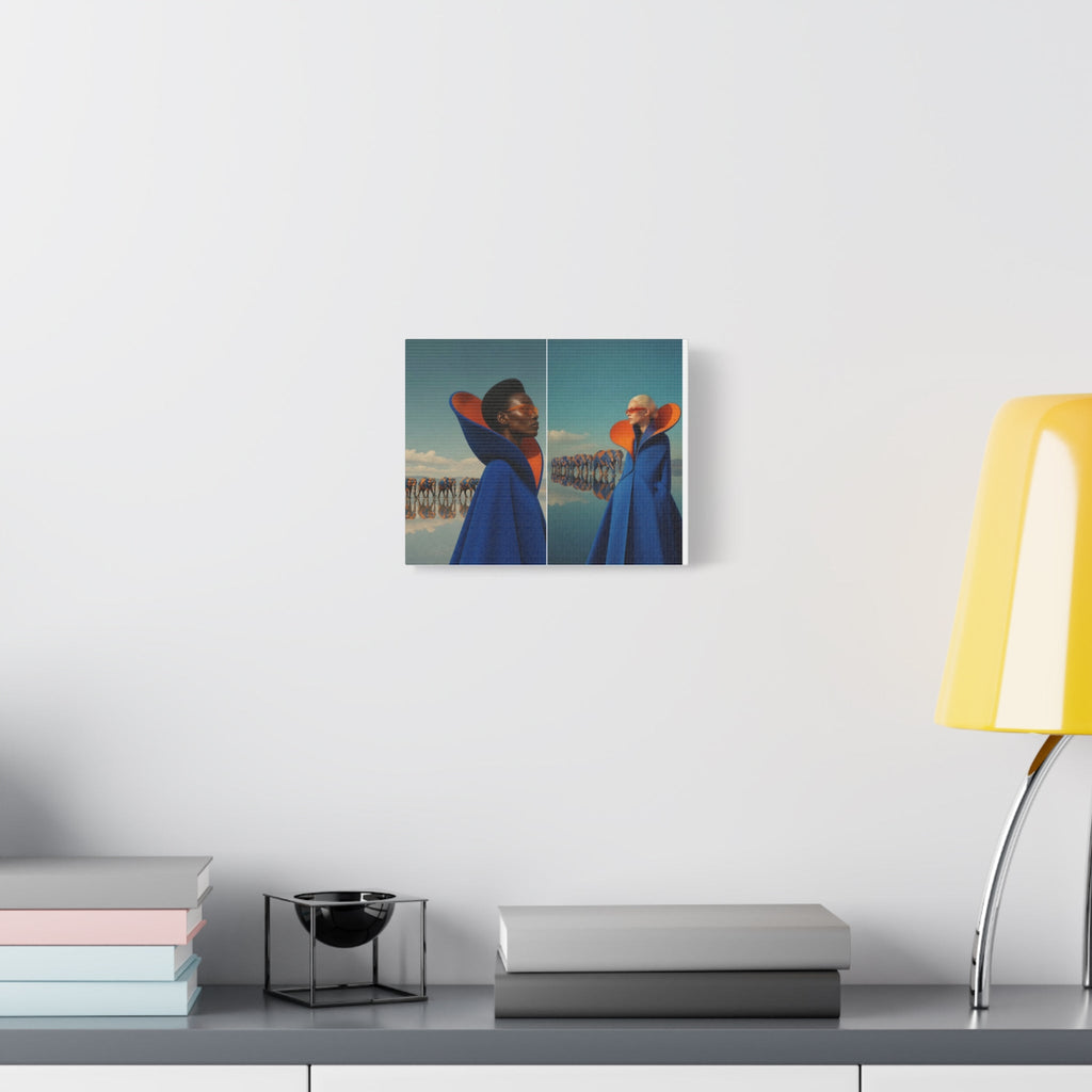 PURETE matte canvas featuring a surreal fashion print hanging on a white wall above a desk with a yellow lamp.