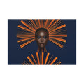 PURETE matte canvas print featuring a striking portrait of a woman with orange and black geometric fan-like headwear.